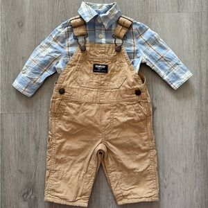 OshKosh B’gosh Baby Boy Flannel Button-Down Onesie & Overalls Set | Blue & Tan